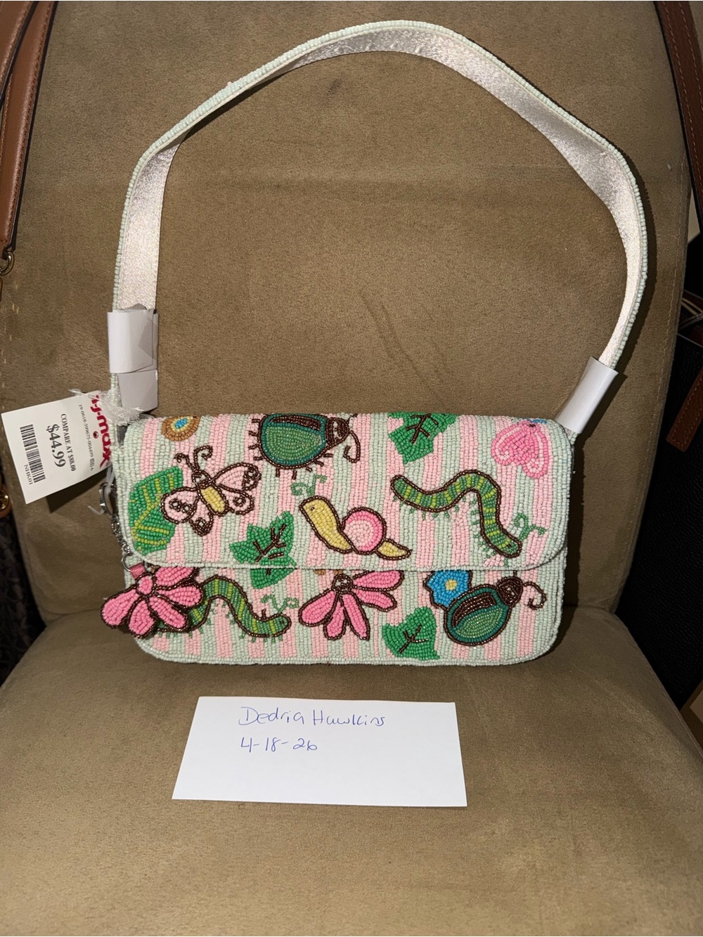 Beaded Floral & Butterfly Shoulder Bag in Pink